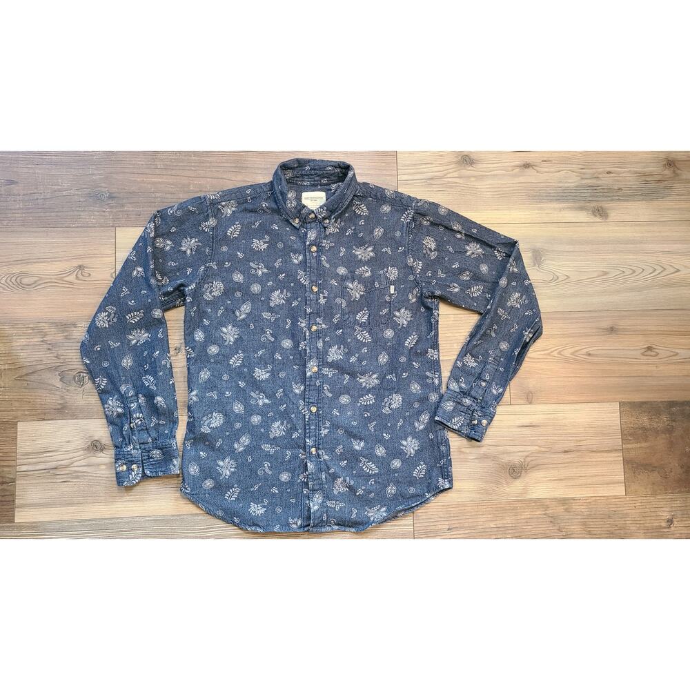 Obey Propaganda Men's 100% Cotton L Button Front Shirt‎ Blue/Beige Floral Denim